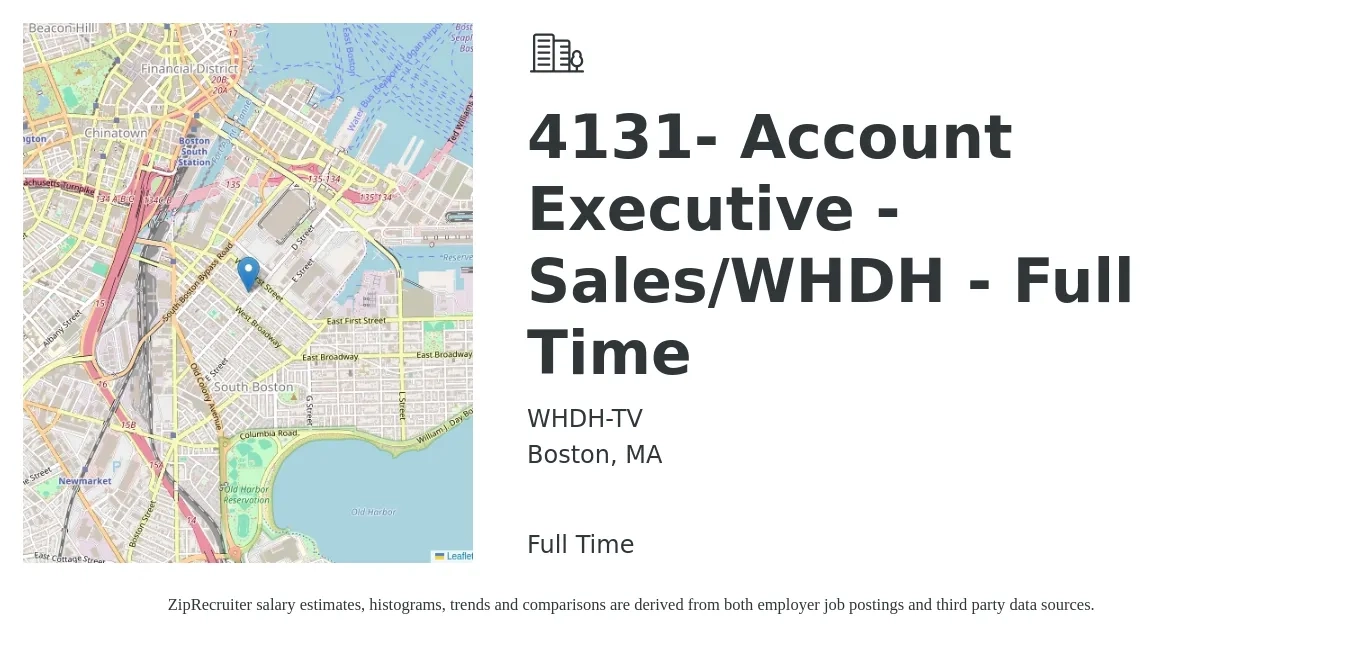 WHDH-TV job posting for a 4131- Account Executive - Sales/WHDH - Full Time in Boston, MA with a salary of $58,100 to $91,200 Yearly with a map of Boston location.