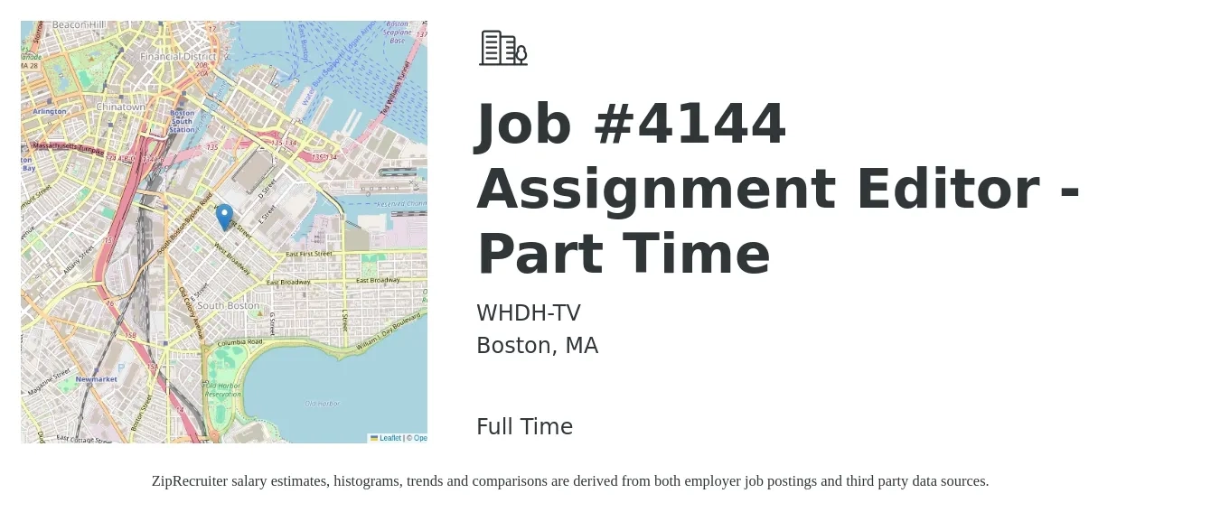 WHDH-TV job posting for a Job #4144 Assignment Editor - Part Time in Boston, MA with a salary of $54,300 to $78,800 Yearly with a map of Boston location.