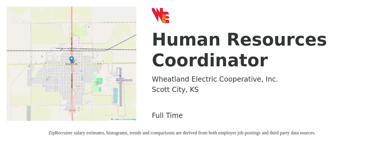Wheatland Electric Cooperative, Inc. job posting for a Human Resources Coordinator in Scott City, KS with a salary of $18 to $24 Hourly with a map of Scott City location.