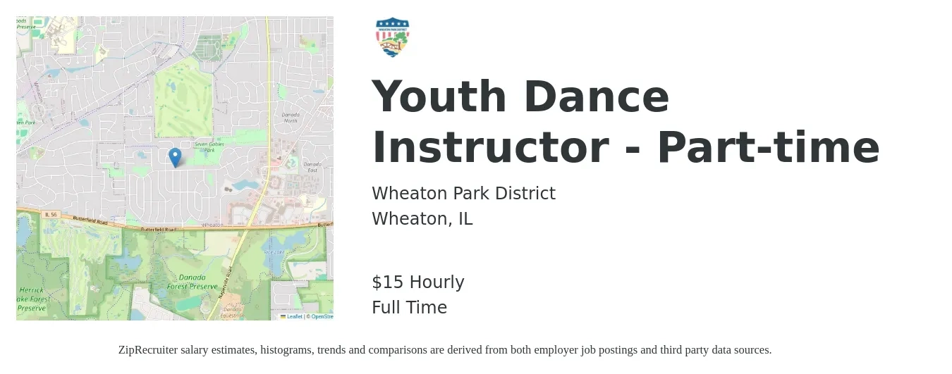 Wheaton Park District job posting for a Youth Dance Instructor - Part-time in Wheaton, IL with a salary of $16 Hourly with a map of Wheaton location.