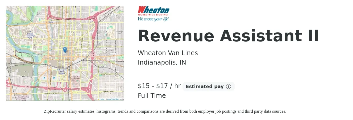 Wheaton Van Lines job posting for a Revenue Assistant II in Indianapolis, IN with a salary of $16 to $18 Hourly with a map of Indianapolis location.