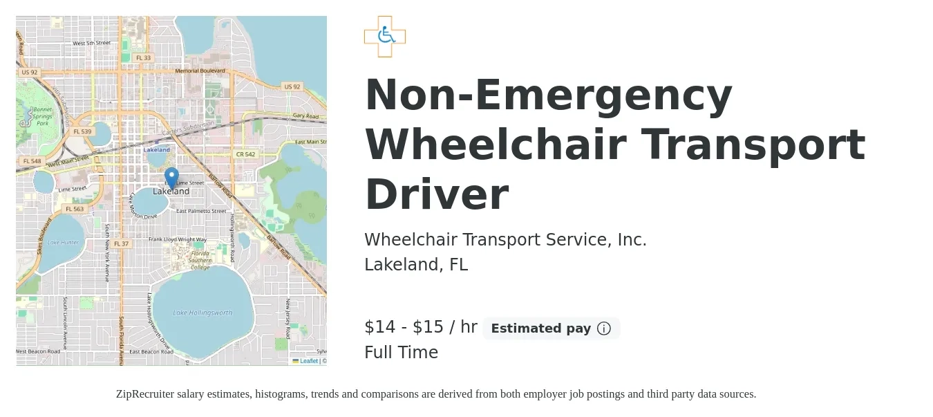 Wheelchair Transport Service, Inc. job posting for a Non-Emergency Wheelchair Transport Driver in Lakeland, FL with a salary of $15 to $16 Hourly with a map of Lakeland location.