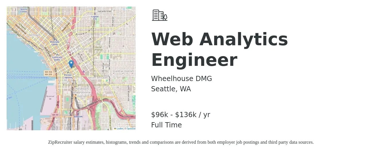 Wheelhouse DMG job posting for a Web Analytics Engineer in Seattle, WA with a salary of $96,000 to $136,000 Yearly with a map of Seattle location.