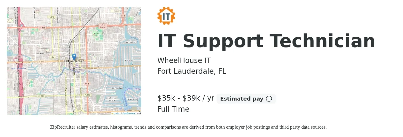 WheelHouse IT job posting for a IT Support Technician in Fort Lauderdale, FL with a salary of $35,000 to $39,000 Yearly with a map of Fort Lauderdale location.
