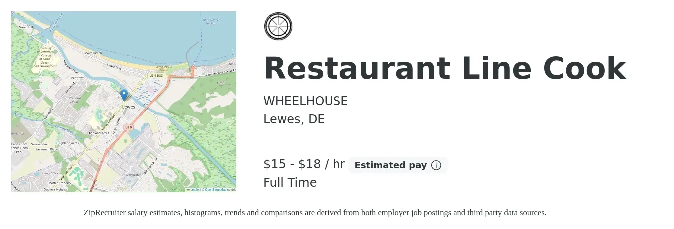 WHEELHOUSE job posting for a Restaurant Line Cook in Lewes, DE with a salary of $16 to $19 Hourly with a map of Lewes location.