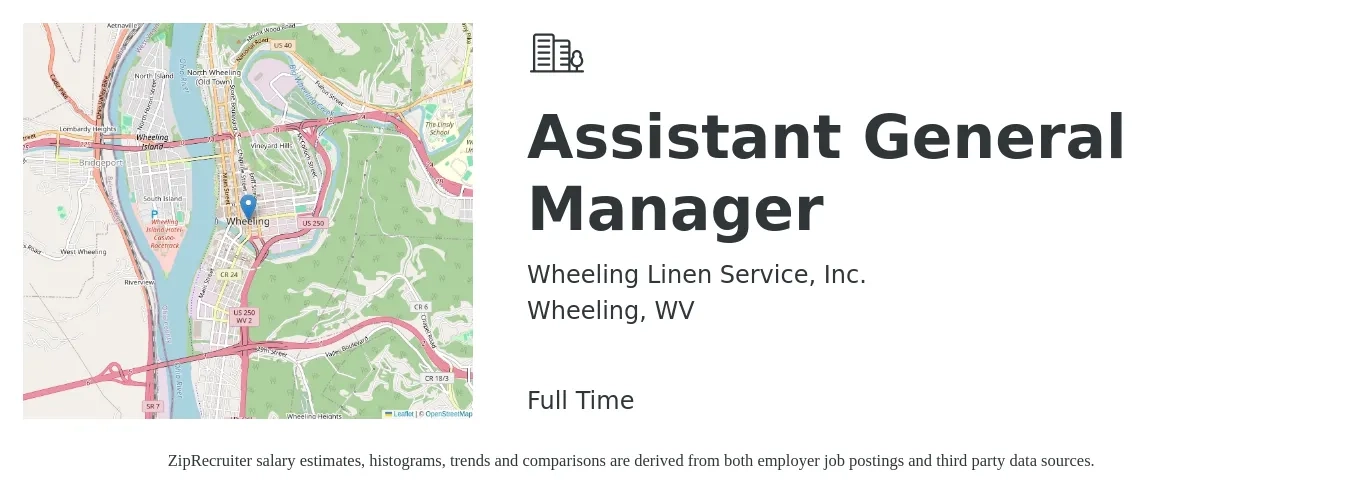 Wheeling Linen Service, Inc. job posting for a Assistant General Manager in Wheeling, WV with a salary of $16 to $25 Hourly with a map of Wheeling location.