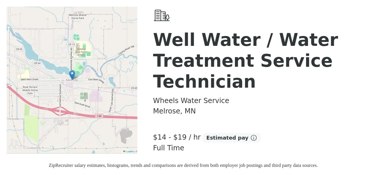 Wheels Water Service job posting for a Well Water / Water Treatment Service Technician in Melrose, MN with a salary of $15 to $20 Hourly and benefits including pto, and retirement with a map of Melrose location.