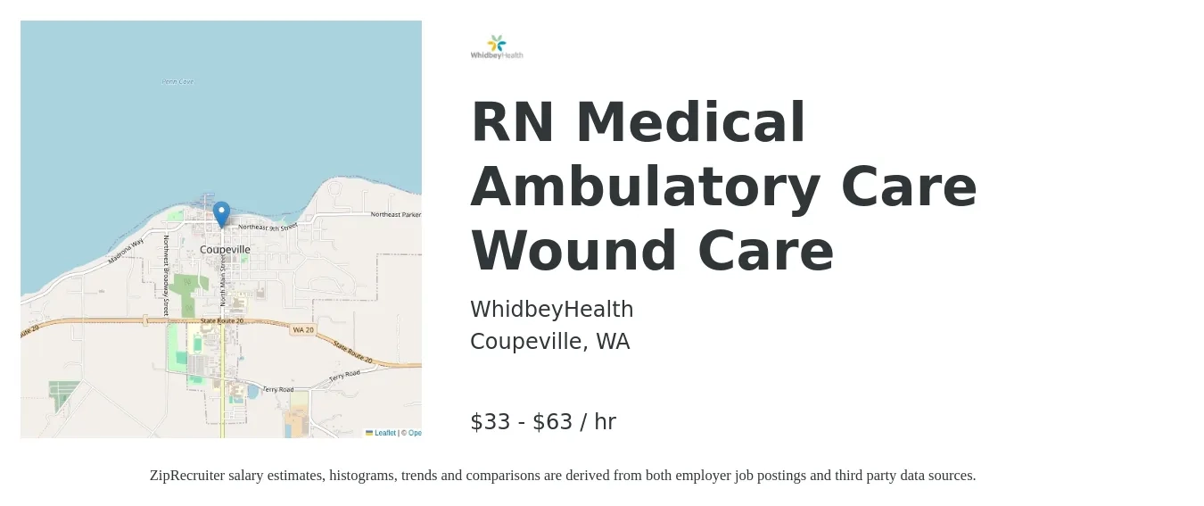 WhidbeyHealth job posting for a RN Medical Ambulatory Care Wound Care in Coupeville, WA with a salary of $35 to $66 Hourly with a map of Coupeville location.