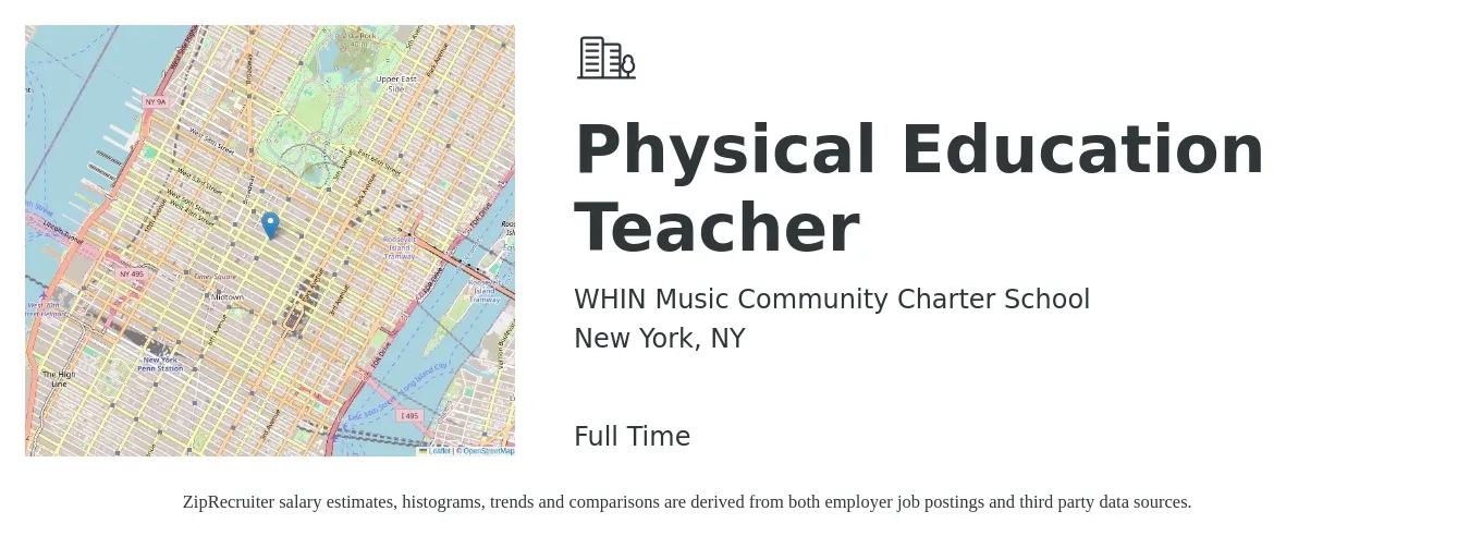 WHIN Music Community Charter School job posting for a Physical Education Teacher in New York, NY with a salary of $46,100 to $62,500 Yearly with a map of New York location.