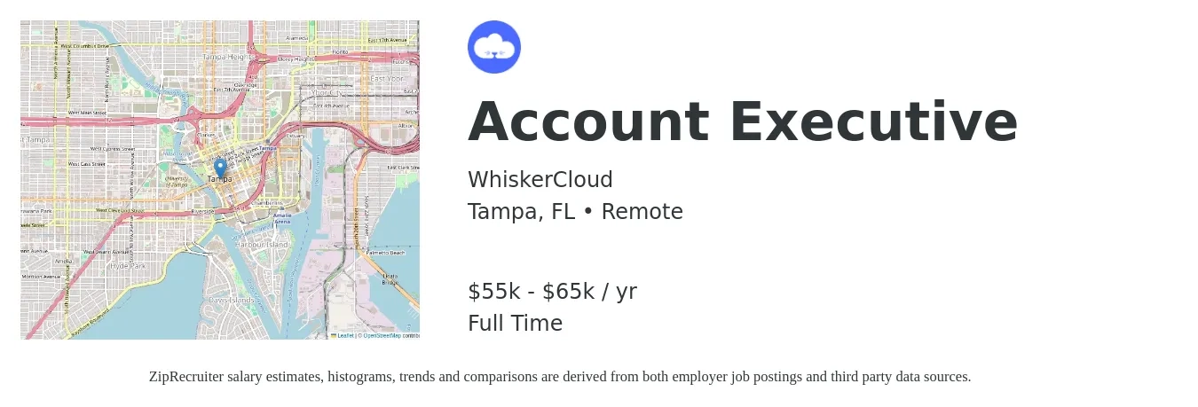 WhiskerCloud job posting for a Account Executive in Tampa, FL with a salary of $55,000 to $65,000 Yearly with a map of Tampa location.