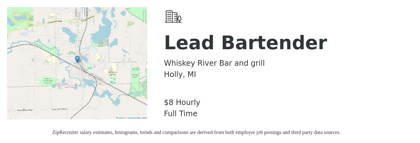 Whiskey River Bar and grill job posting for a Lead Bartender in Holly, MI with a salary of $9 Hourly with a map of Holly location.