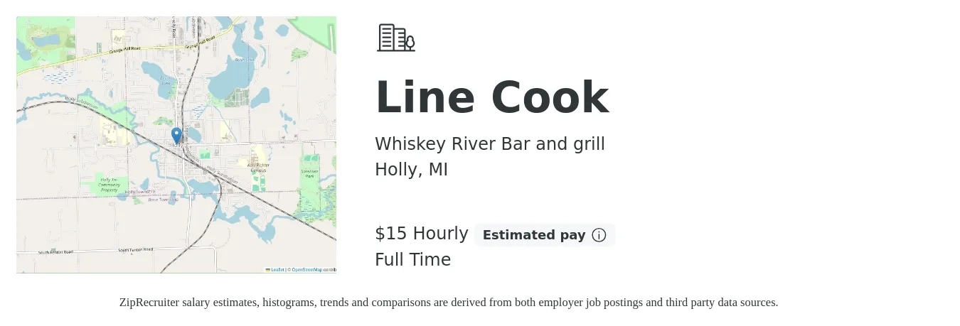 Whiskey River Bar and grill job posting for a Line Cook in Holly, MI with a salary of $16 Hourly with a map of Holly location.