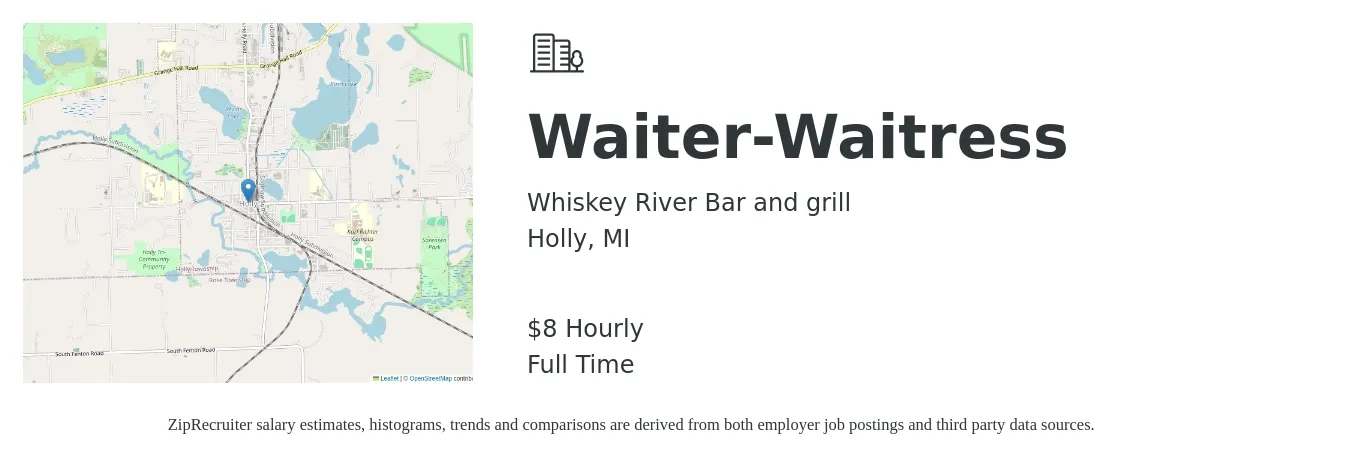 Whiskey River Bar and grill job posting for a Waiter-Waitress in Holly, MI with a salary of $9 Hourly with a map of Holly location.