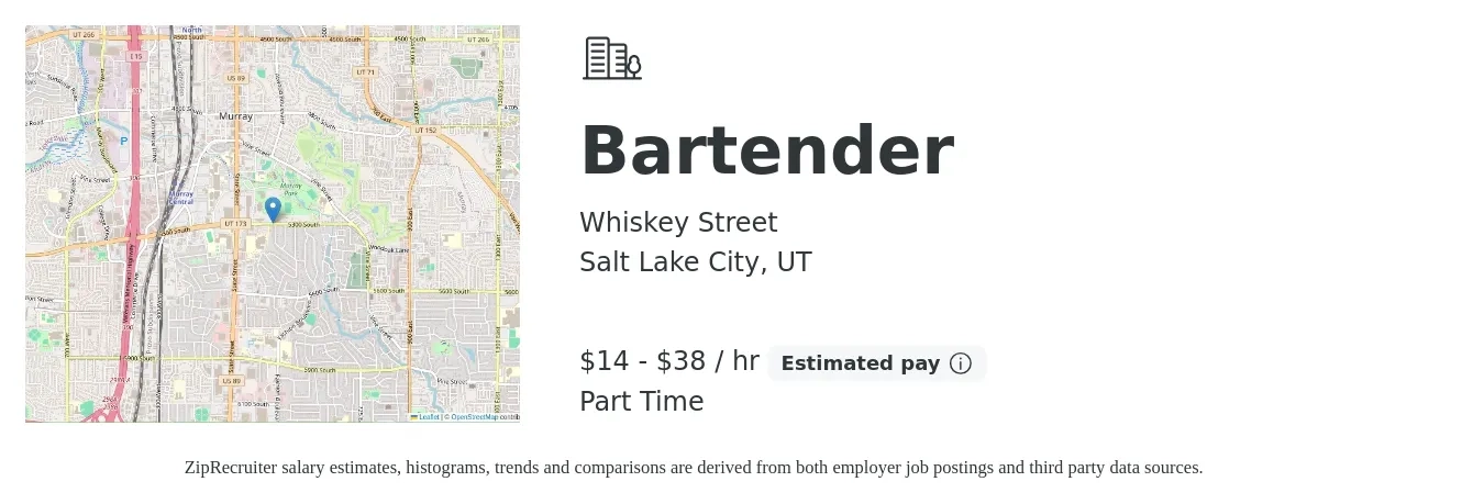 Whiskey Street job posting for a Bartender in Salt Lake City, UT with a salary of $15 to $40 Hourly with a map of Salt Lake City location.