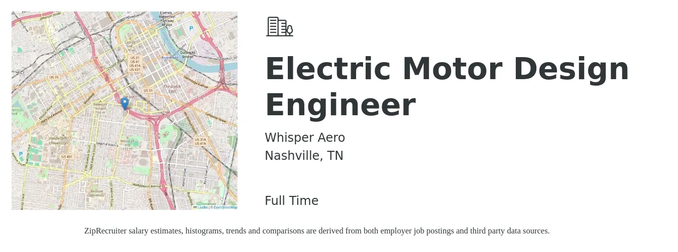 Whisper Aero job posting for a Electric Motor Design Engineer in Nashville, TN with a salary of $73,400 to $99,500 Yearly with a map of Nashville location.