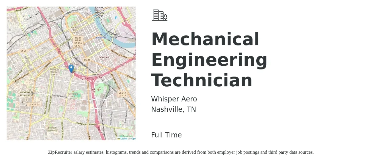 Whisper Aero job posting for a Mechanical Engineering Technician in Nashville, TN with a salary of $55,100 to $88,400 Yearly with a map of Nashville location.