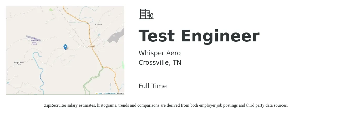 Whisper Aero job posting for a Test Engineer in Crossville, TN with a salary of $32 to $49 Hourly with a map of Crossville location.