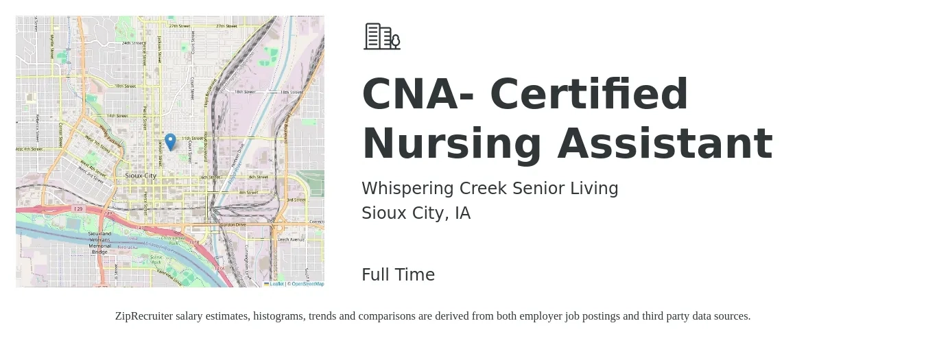 Whispering Creek Senior Living job posting for a CNA- Certified Nursing Assistant in Sioux City, IA with a salary of $16 to $22 Hourly with a map of Sioux City location.