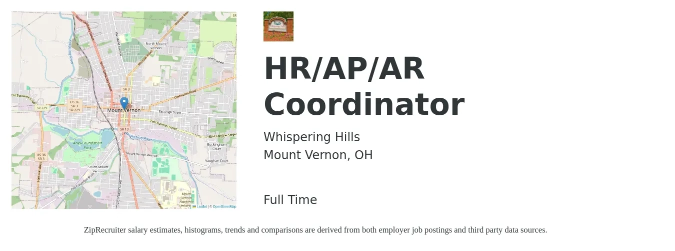 Whispering Hills job posting for a HR/AP/AR Coordinator in Mount Vernon, OH with a salary of $17 to $22 Hourly with a map of Mount Vernon location.