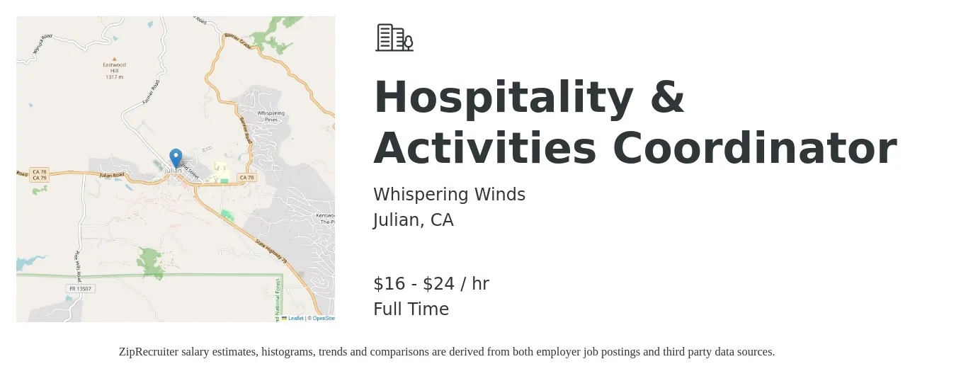 Whispering Winds job posting for a Hospitality & Activities Coordinator in Julian, CA with a salary of $17 to $25 Hourly and benefits including vision, dental, and medical with a map of Julian location.