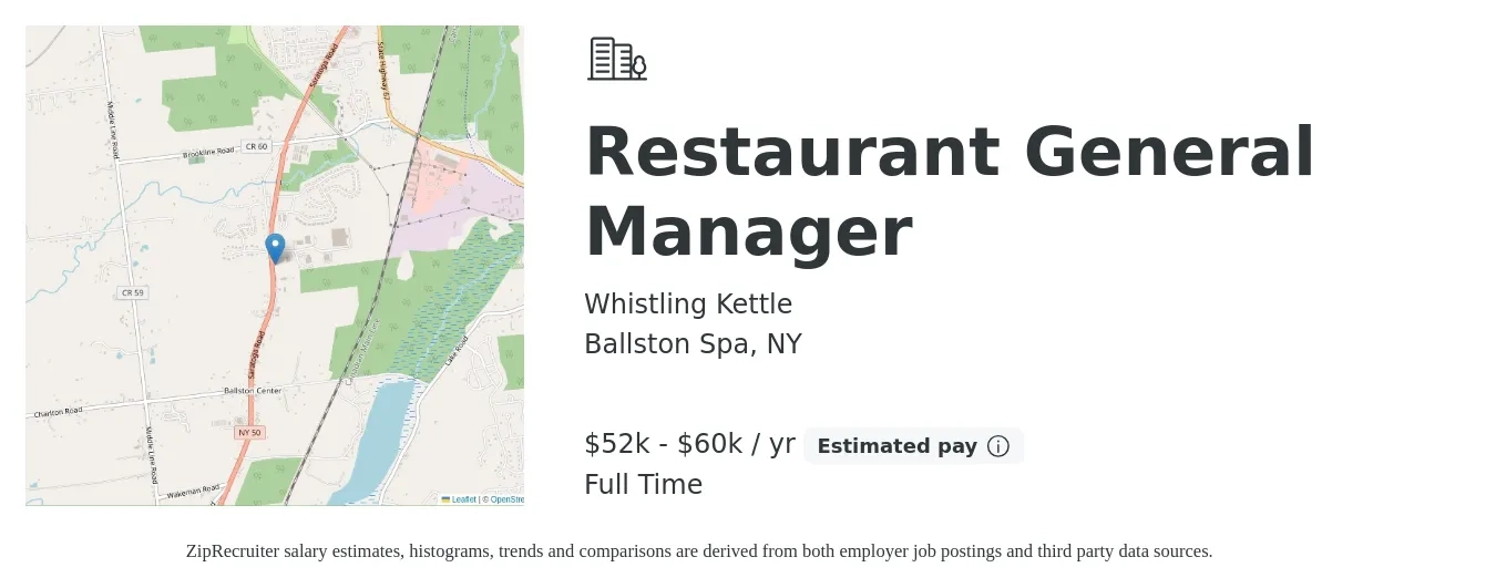 Whistling Kettle job posting for a Restaurant General Manager in Ballston Spa, NY with a salary of $52,000 to $60,000 Yearly with a map of Ballston Spa location.