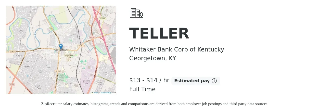 Whitaker Bank Corp of Kentucky job posting for a TELLER in Georgetown, KY with a salary of $14 to $15 Hourly with a map of Georgetown location.