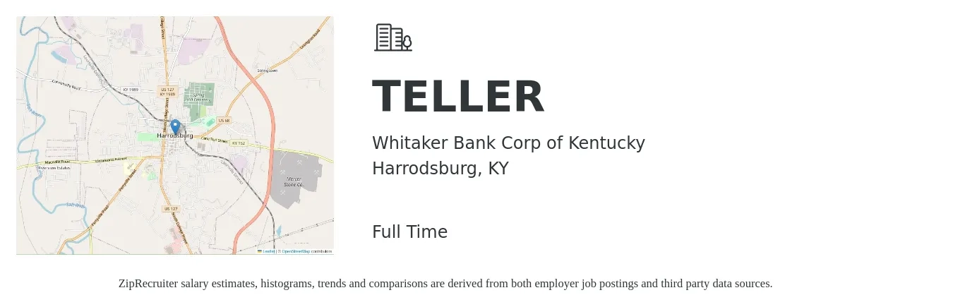 Whitaker Bank Corp of Kentucky job posting for a TELLER in Harrodsburg, KY with a salary of $13 to $16 Hourly with a map of Harrodsburg location.