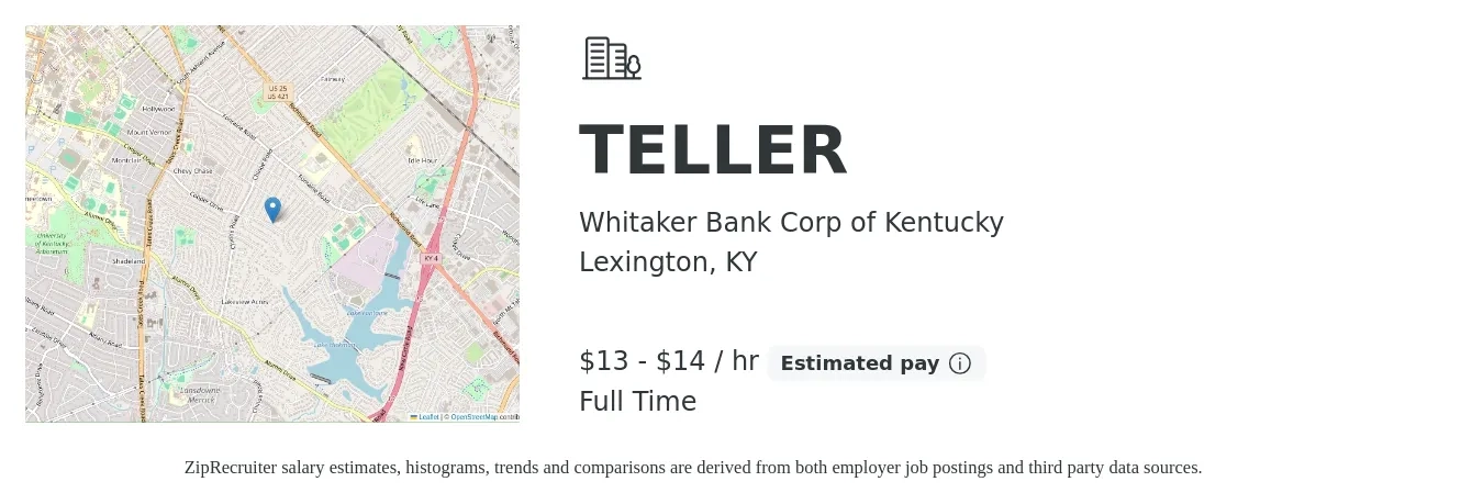 Whitaker Bank Corp of Kentucky job posting for a TELLER in Lexington, KY with a salary of $14 to $15 Hourly with a map of Lexington location.
