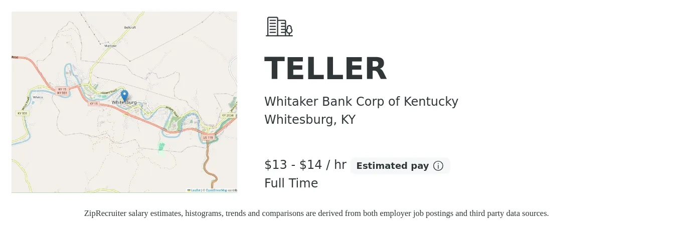 Whitaker Bank Corp of Kentucky job posting for a TELLER in Whitesburg, KY with a salary of $14 to $15 Hourly with a map of Whitesburg location.