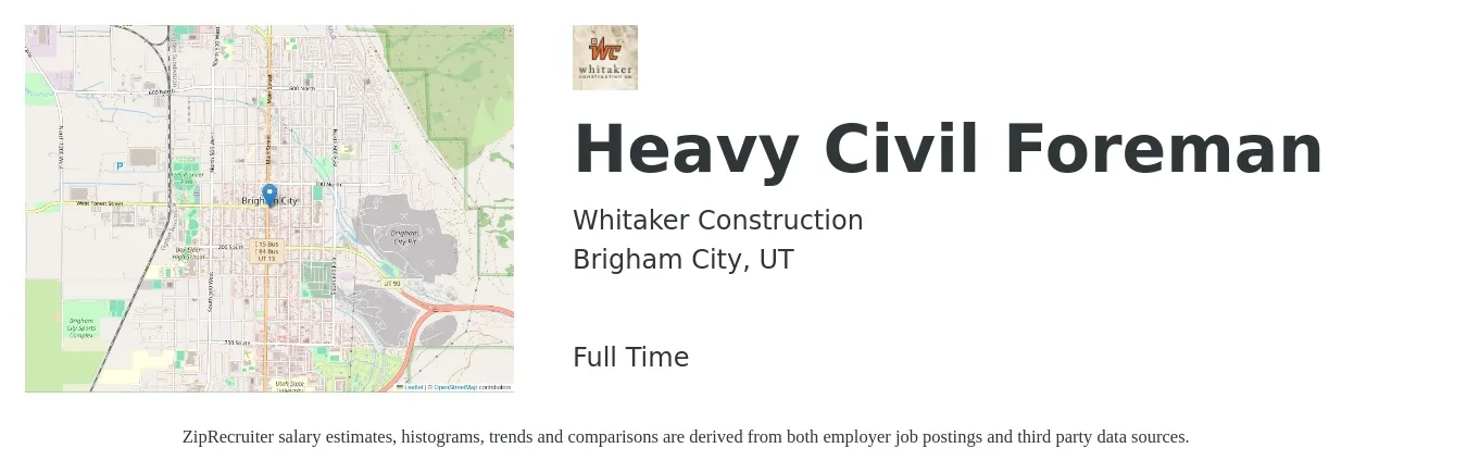 Whitaker Construction job posting for a Heavy Civil Foreman in Brigham City, UT with a salary of $22 to $31 Hourly with a map of Brigham City location.