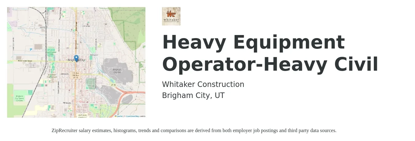 Whitaker Construction Co., Inc. job posting for a Heavy Equipment Operator-Heavy Civil in Brigham City, UT with a salary of $18 to $25 Hourly with a map of Brigham City location.