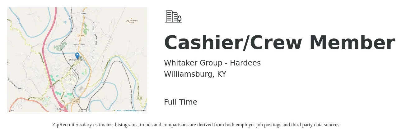 Whitaker Group - Hardees job posting for a Cashier/Crew Member in Williamsburg, KY with a salary of $10 to $14 Hourly with a map of Williamsburg location.
