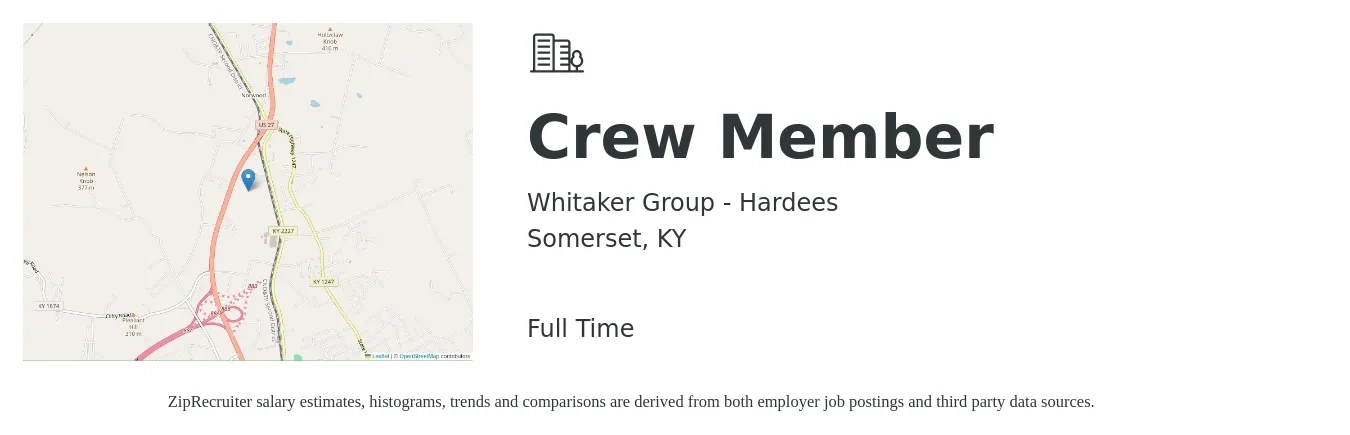 Whitaker Group - Hardees job posting for a Crew Member in Somerset, KY with a salary of $10 to $14 Hourly with a map of Somerset location.