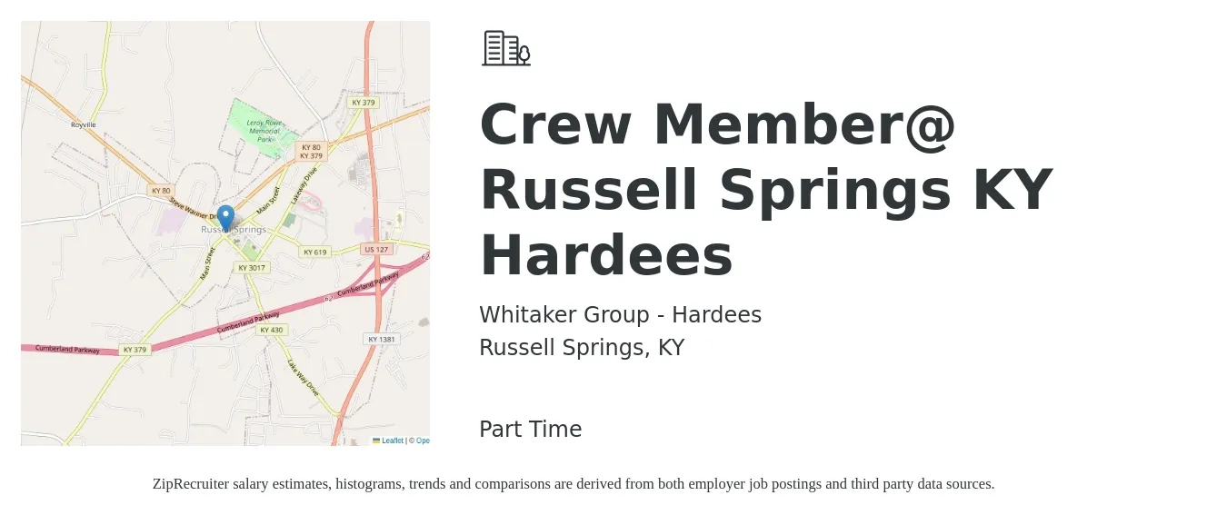 Whitaker Group - Hardees job posting for a Crew Member@ Russell Springs KY Hardees in Russell Springs, KY with a salary of $10 to $14 Hourly with a map of Russell Springs location.