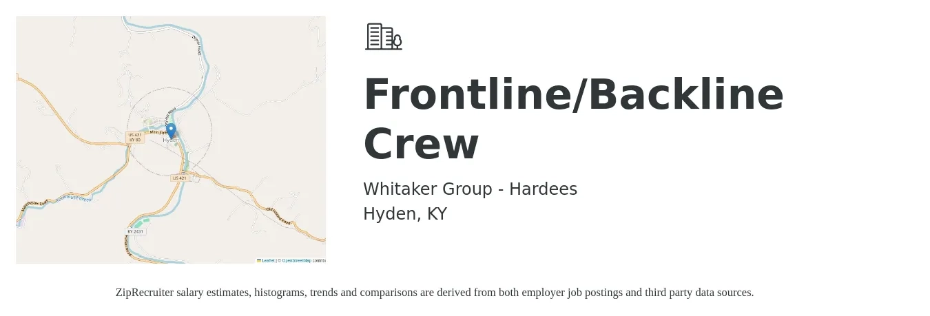 Whitaker Group - Hardees job posting for a Frontline/Backline Crew in Hyden, KY with a salary of $12 to $16 Hourly with a map of Hyden location.