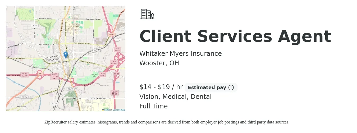 Whitaker-Myers Insurance job posting for a Client Services Agent in Wooster, OH with a salary of $15 to $20 Hourly and benefits including retirement, vision, dental, and medical with a map of Wooster location.