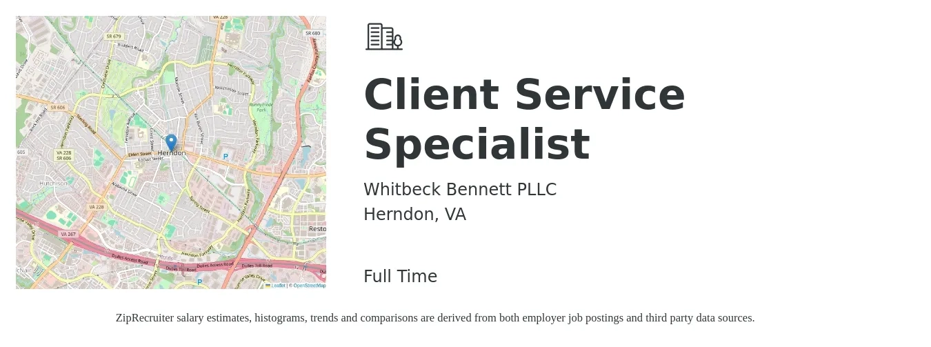 Whitbeck Bennett PLLC job posting for a Client Service Specialist in Herndon, VA with a salary of $18 to $23 Hourly with a map of Herndon location.