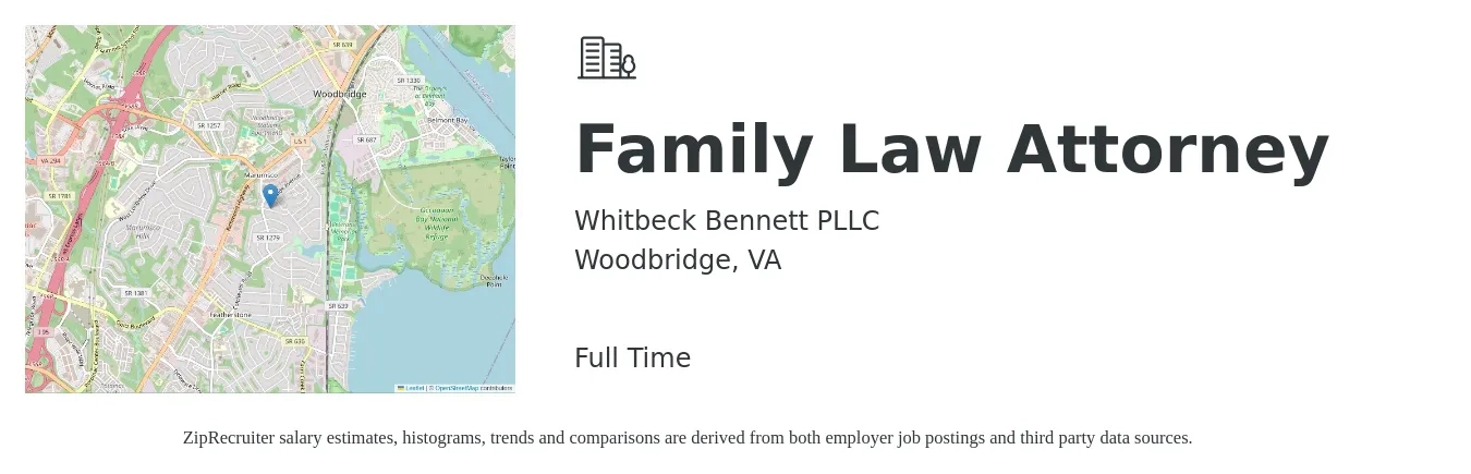 Whitbeck Bennett PLLC job posting for a Family Law Attorney in Woodbridge, VA with a salary of $77,100 to $121,100 Yearly with a map of Woodbridge location.