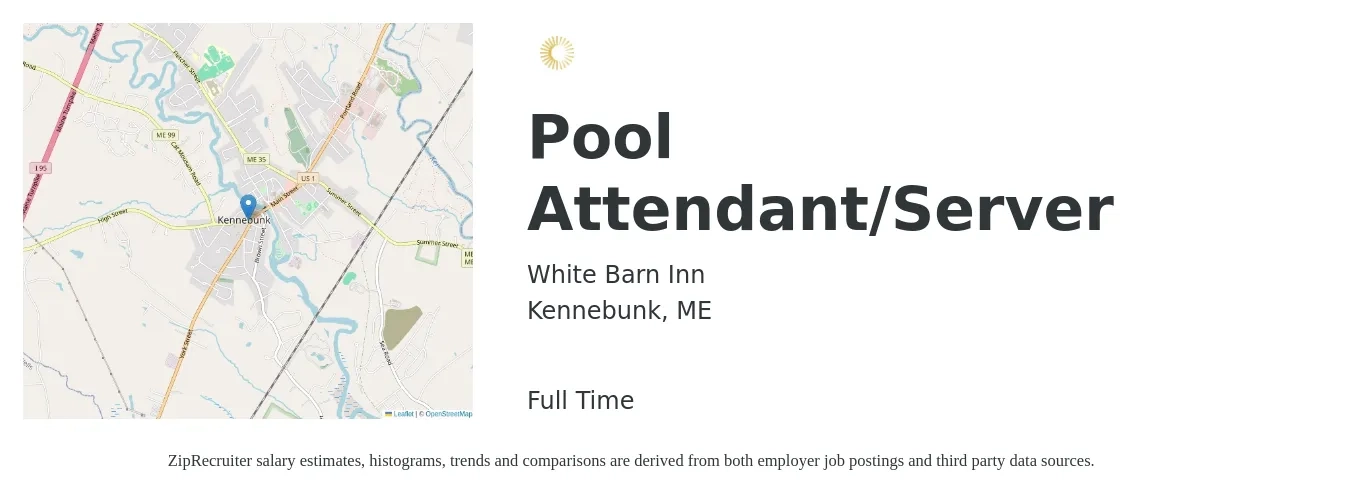 White Barn Inn job posting for a Pool Attendant/Server in Kennebunk, ME with a salary of $14 to $18 Hourly with a map of Kennebunk location.