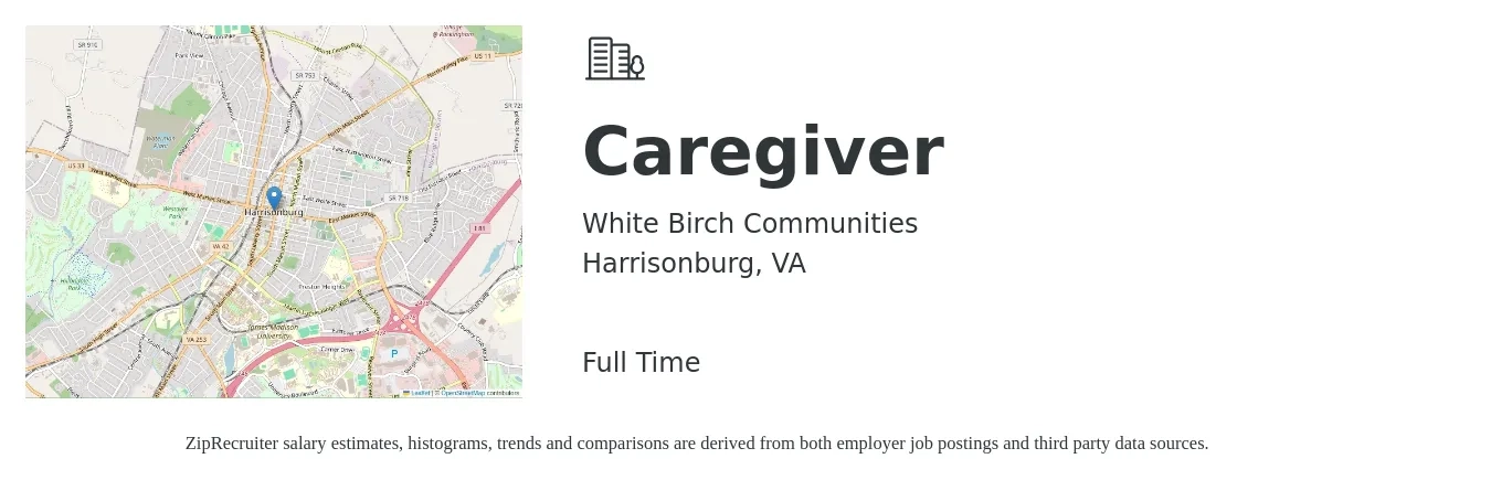 White Birch Communities job posting for a Caregiver in Harrisonburg, VA with a salary of $13 to $17 Hourly with a map of Harrisonburg location.