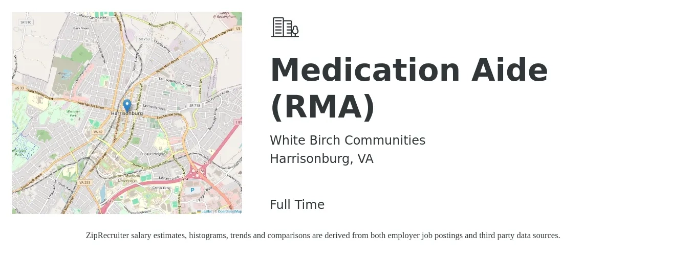 White Birch Communities job posting for a Medication Aide (RMA) in Harrisonburg, VA with a salary of $16 to $19 Hourly with a map of Harrisonburg location.