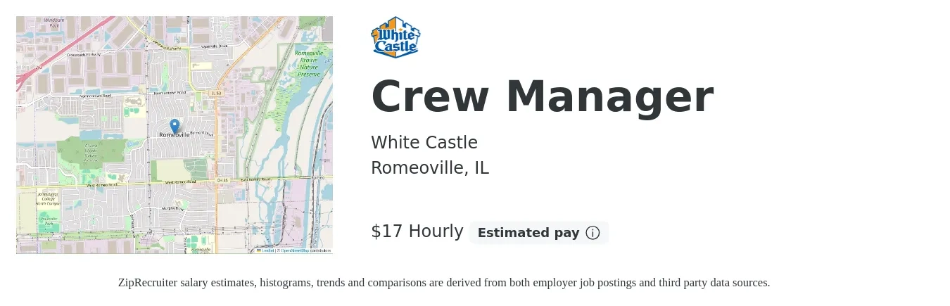 White Castle job posting for a Crew Manager in Romeoville, IL with a salary of $18 Hourly with a map of Romeoville location.