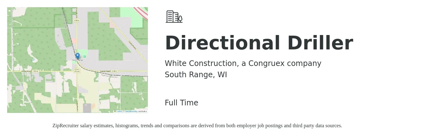 White Construction, a Congruex company job posting for a Directional Driller in South Range, WI with a salary of $23 to $29 Hourly with a map of South Range location.