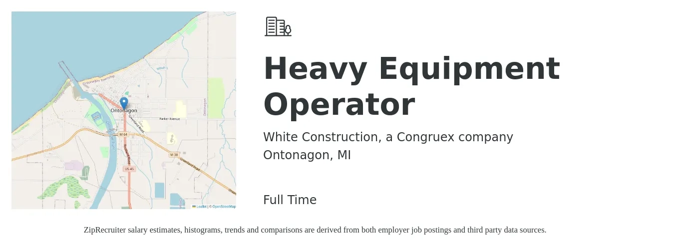 White Construction, a Congruex company job posting for a Heavy Equipment Operator in Ontonagon, MI with a salary of $18 to $24 Hourly with a map of Ontonagon location.