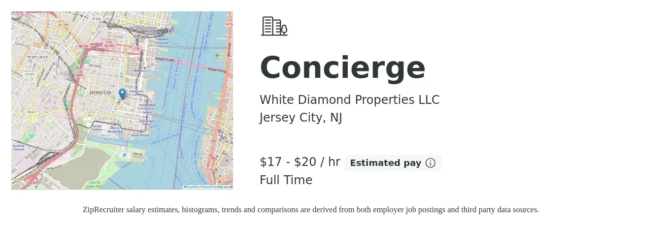 White Diamond Properties LLC job posting for a Concierge in Jersey City, NJ with a salary of $18 to $21 Hourly with a map of Jersey City location.
