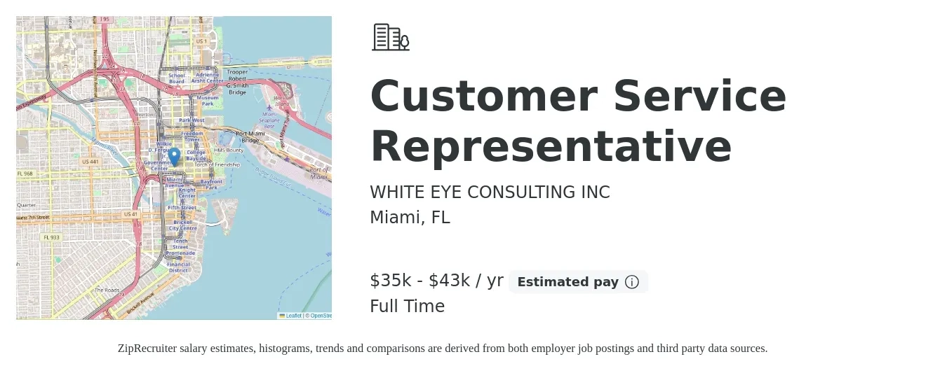 WHITE EYE CONSULTING INC job posting for a Customer Service Representative in Miami, FL with a salary of $35,000 to $43,000 Yearly with a map of Miami location.