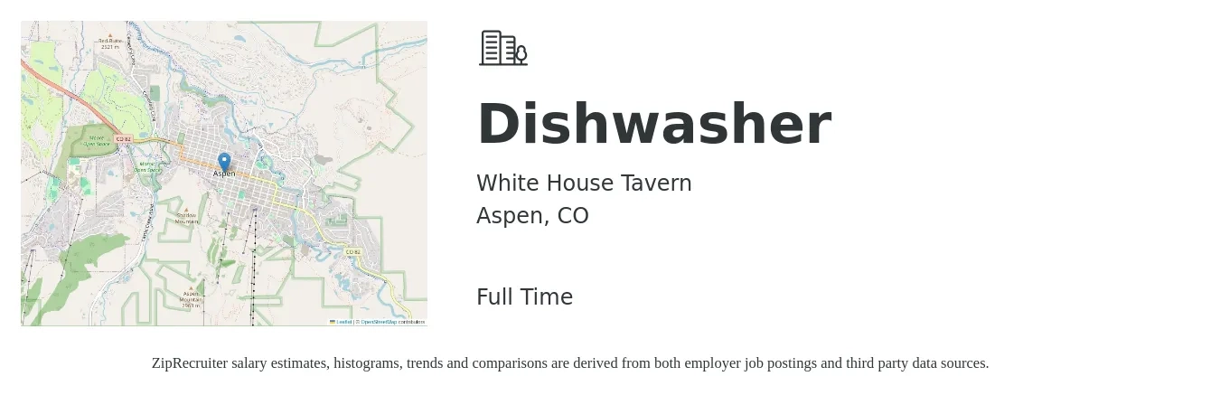 White House Tavern job posting for a Dishwasher in Aspen, CO with a salary of $23 to $27 Hourly with a map of Aspen location.