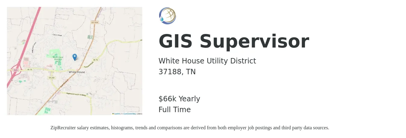 White House Utility District job posting for a GIS Supervisor in 37188, TN with a salary of $66,000 Yearly with a map of 37188 location.