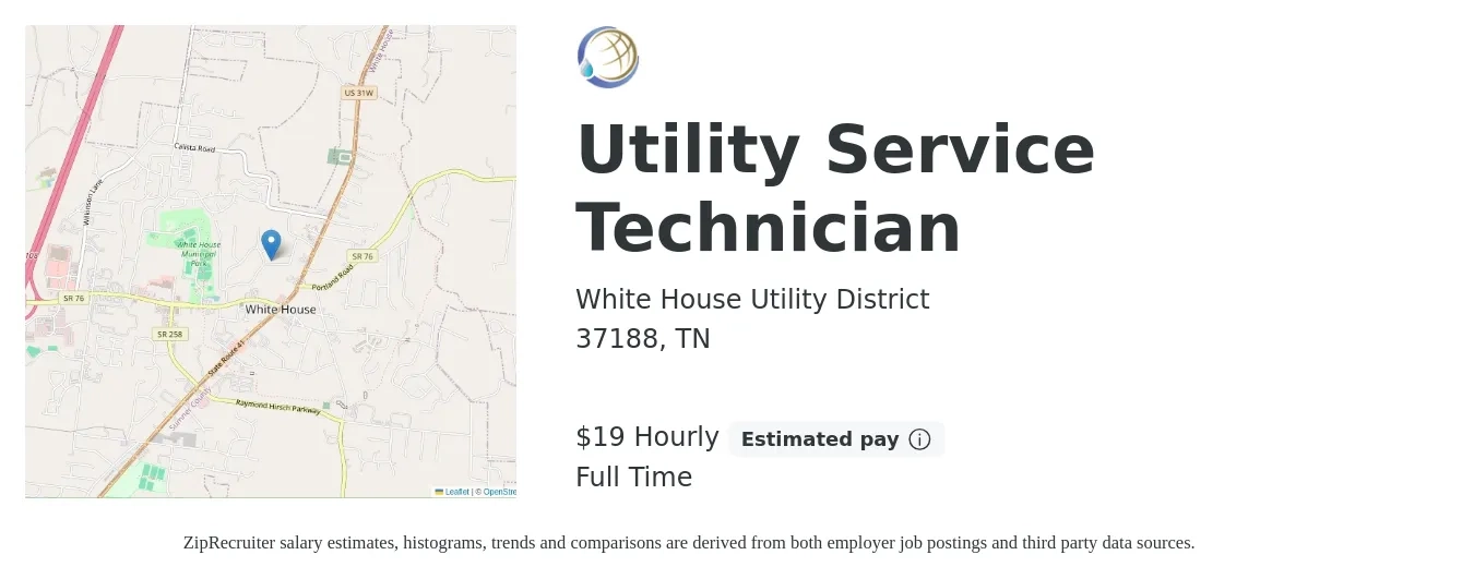 White House Utility District job posting for a Utility Service Technician in 37188, TN with a salary of $20 Hourly with a map of 37188 location.