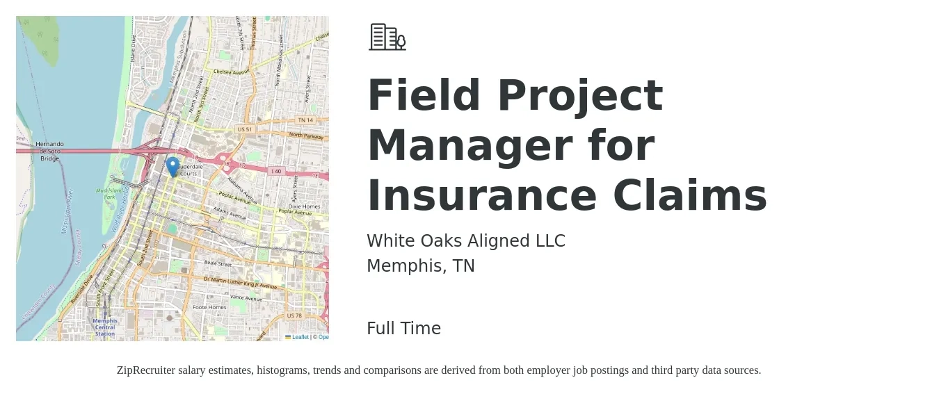 White Oaks Aligned LLC job posting for a Field Project Manager for Insurance Claims in Memphis, TN with a salary of $55,000 to $91,500 Yearly with a map of Memphis location.